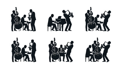 Jazz Band Silhouettes - Musicians Playing Saxophone, Piano, and Double Bass © Taufik