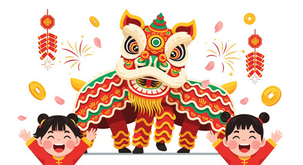 Fototapeta premium Vibrant Chinese New Year celebration with lion dance, happy children, firecrackers, and festive decorations.