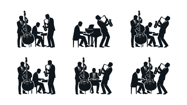 Jazz Band Silhouettes - Musicians Playing Saxophone, Piano, and Double Bass