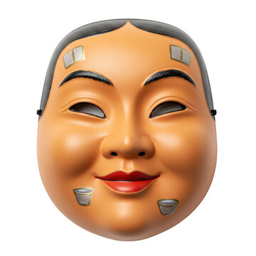 Traditional japanese noh mask with detailed features and smiling expression isolated on white background
