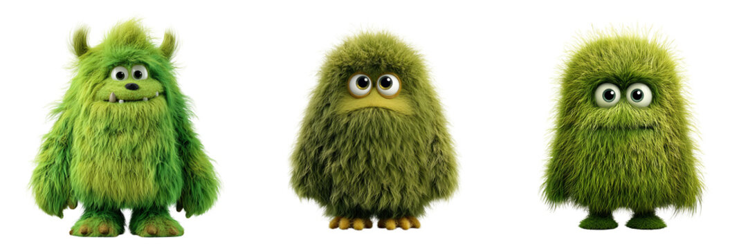 Set of Cute fuzzy green monster with oversized round eyes for cartoon on transparent png background. Ai generated