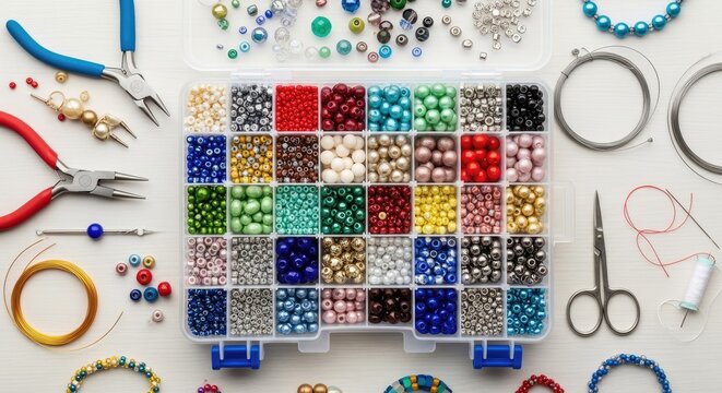 A bead enthusiast arranges a variety of colorful beads and jewelry-making supplies on a white surface. The enthusiast uses pliers, wire cutters, and a thread to create beaded bracelets and necklaces.