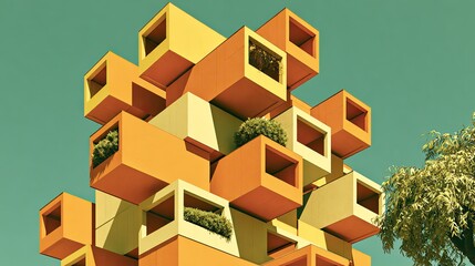 Fototapeta premium A vibrant, abstract tower of stacked orange and yellow modular units with greenery