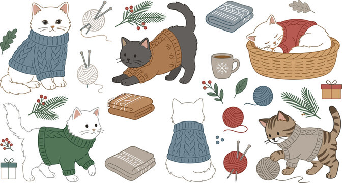 Cute winter cats vector illustration set wearing knitted sweaters with yarn balls basket and blankets for cozy holiday season greeting card design