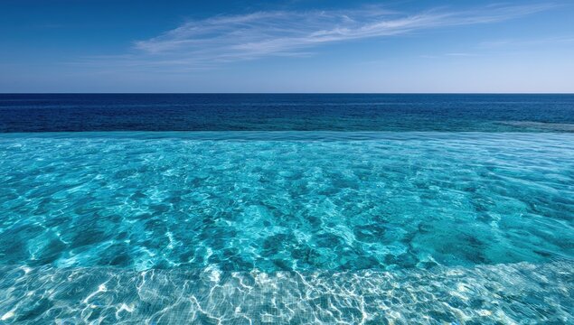 Infinity pool mirrors deep blue ocean under a clear sky