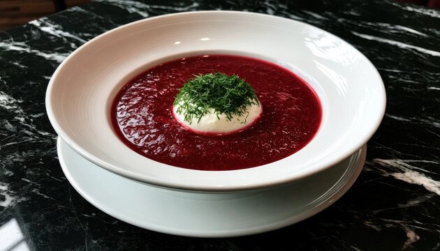 Vibrant beet soup with a dollop of creamy topping and fresh herbs