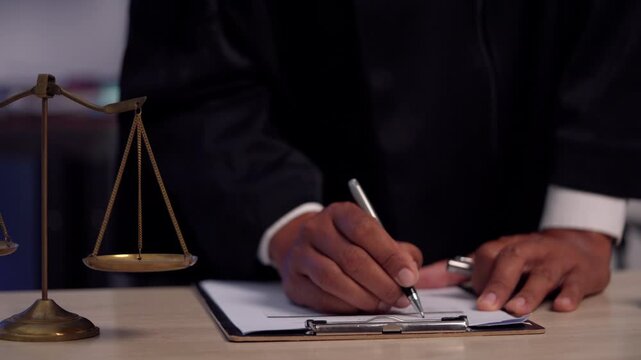 Legal professional acting as a mock court judge signs case documents beside scales of justice