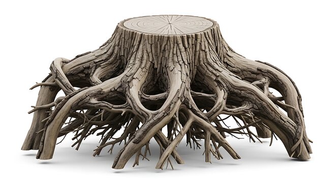 Isolated tree stump with complex exposed root system on white background.