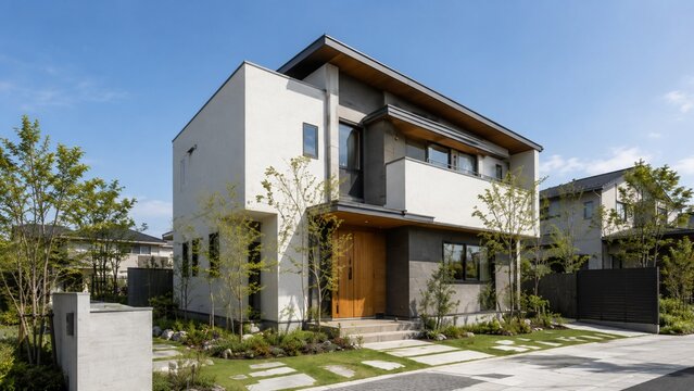 白と木目を組み合わせた現代的な二階建て住宅