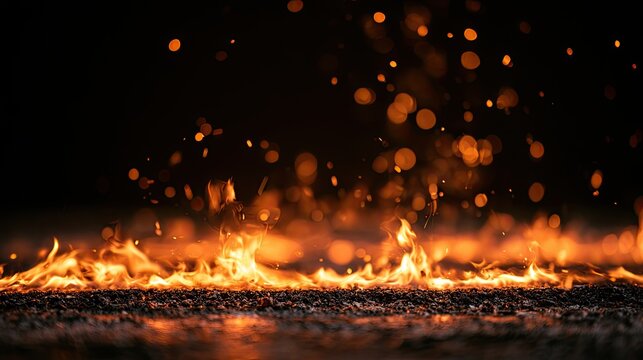 Fiery embers and glowing sparks ascend from a roaring, bright orange flame