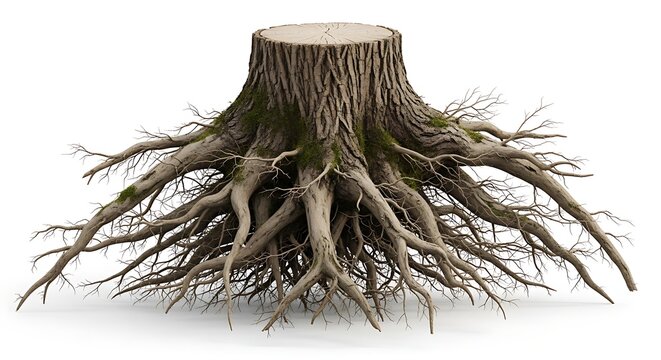 Isolated tree stump with detailed sprawling root system on white background.