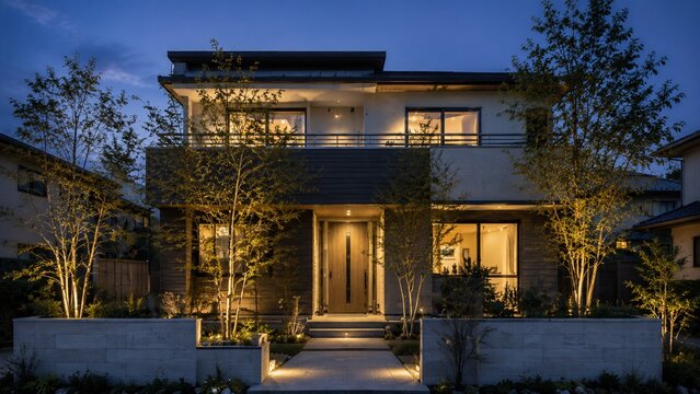 夜の庭園照明に包まれた二階建てモデルハウス