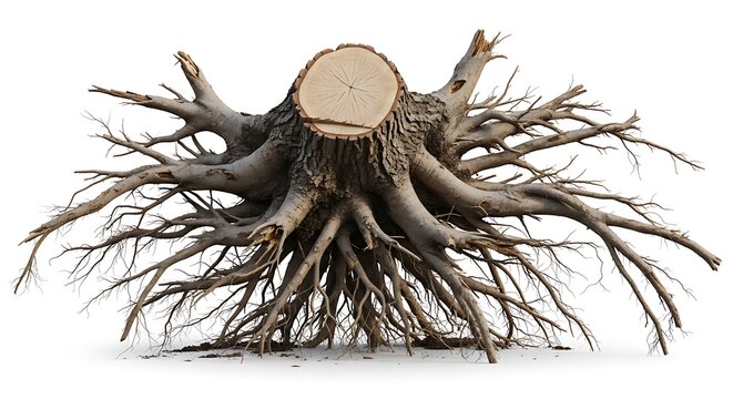 Isolated tree stump with large sprawling root system on white background.