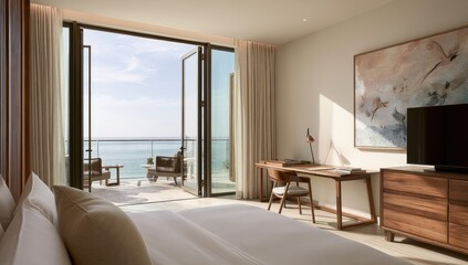 Obraz premium Luxurious bedroom with sea view, private balcony, desk, and modern art