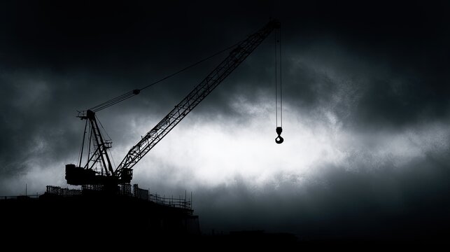 Silhouetted construction crane against dramatic, dark, stormy sky