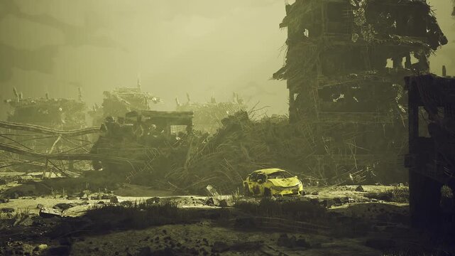 Yellow car stranded among collapsed buildings, rainlashed streets glinting under sickly green light, scattered concrete slabs and twisted metal, mood of silent