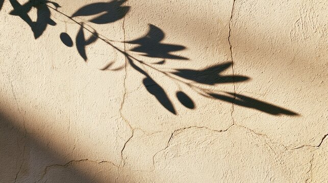 Textured wall with warm sunlight casting a delicate shadow of a leafy branch