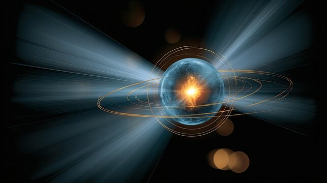 Glowing orb with radiating light beams and orbital rings against dark background