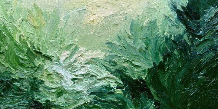Thick impasto strokes of varied green hues create a textured, abstract natural scene