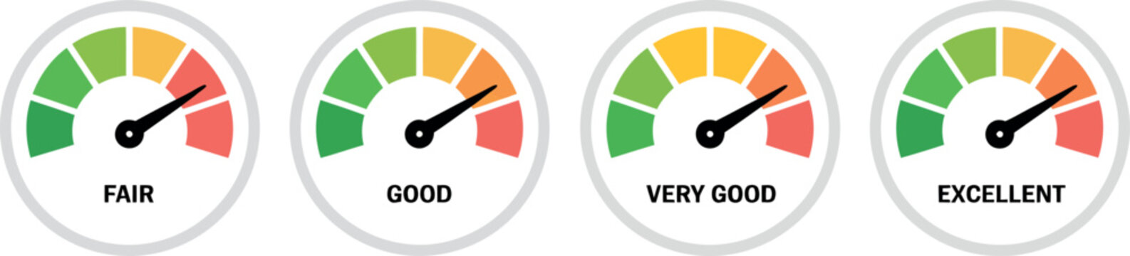 Performance gauge meter icons showing levels from fair to excellent with colorful segments. Vector Illustration