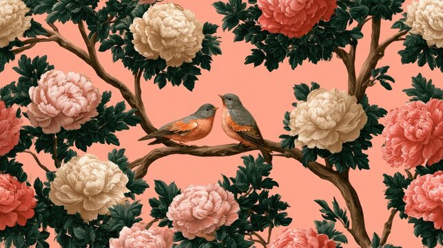 Two birds perch on a branch amidst lush coral flowers and green leaves