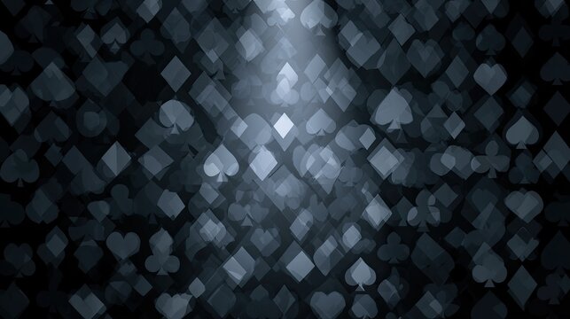 Abstract dark background with scattered luminous playing card suits and spotlight