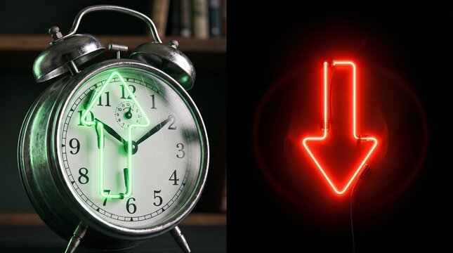 Time is Ticking: A classic alarm clock face is illuminated by glowing green arrows indicating an upward trend, contrasted with a stark red neon arrow pointing downwards.