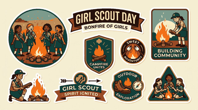 Vintage style outdoor youth organization emblem collection featuring campfire scenes and inspirational camping themed badges with adventure