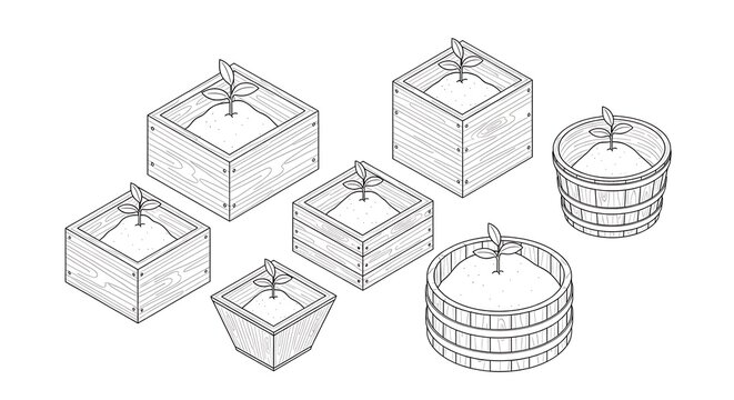 Isometric line art of wooden garden planters and seedling boxes.