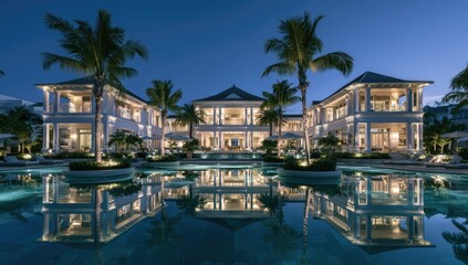 Obraz premium Opulent resort illuminated at dusk, reflecting in a still pool