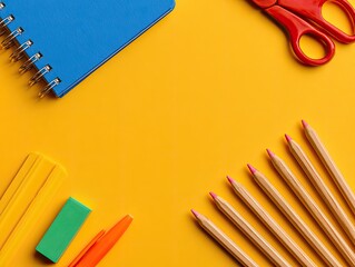 Fototapeta premium Overhead view of a collection of colorful school supplies arranged on a bright yellow background