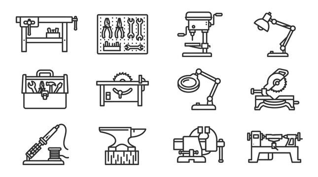 Workshop Tools Icons: Workbench, Drill Press, Saw, Anvil, Lathe, Toolbox, Lamp