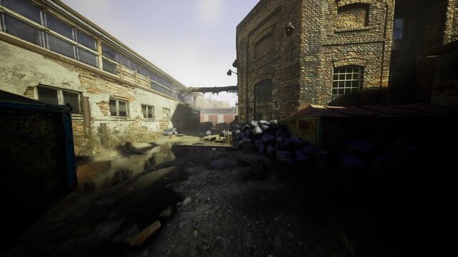 sunlit brick factory alley with rubble and catwalks, gritty industrial scene showing stacked sacks, broken windows, metal piping and warm shafts of light