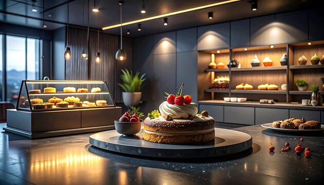 Modern bakery interior with desserts on display.