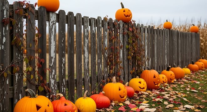 Jack o lanterns on wooden fence.