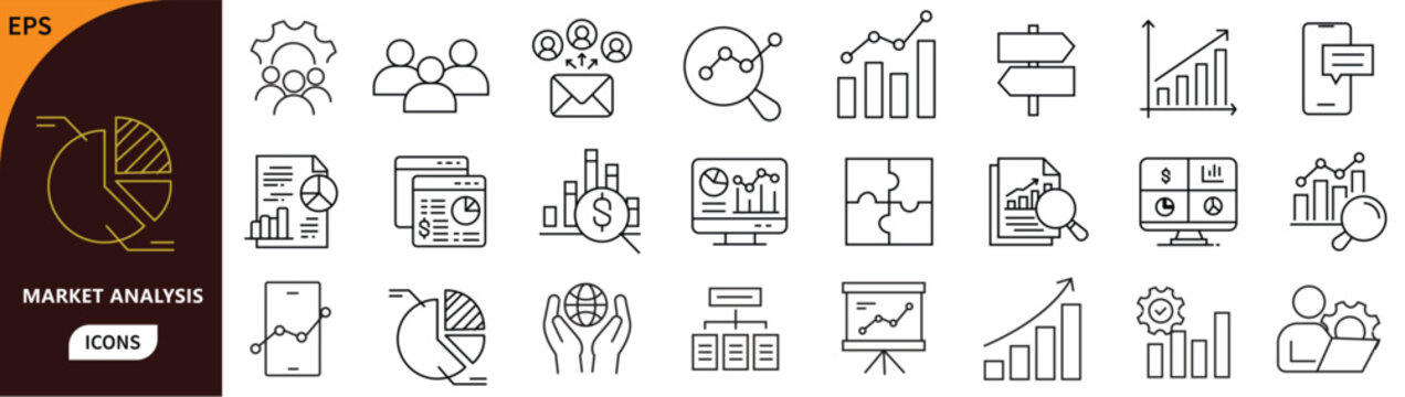 Market Analysis icon set. Containing market, analysis, marketing, research, business, chart, and growth. Editable stroke. Vector illustration
