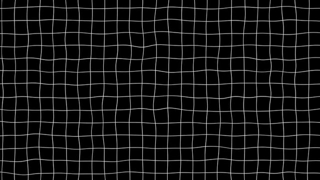Black background with animated waving white wireframe grid line fit for alpha channel or overlay layer.Abstract black and white wavy grid background animation.Warp animation.