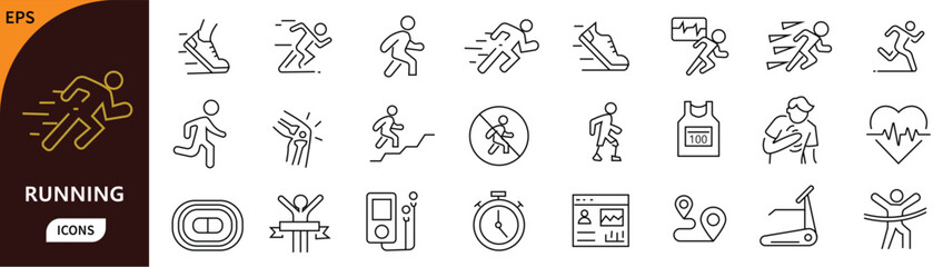 Fototapeta na wymiar Running icon set. Containing running, run, sport, fitness, athlete, healthy, and exercise. Editable stroke. Vector illustration
