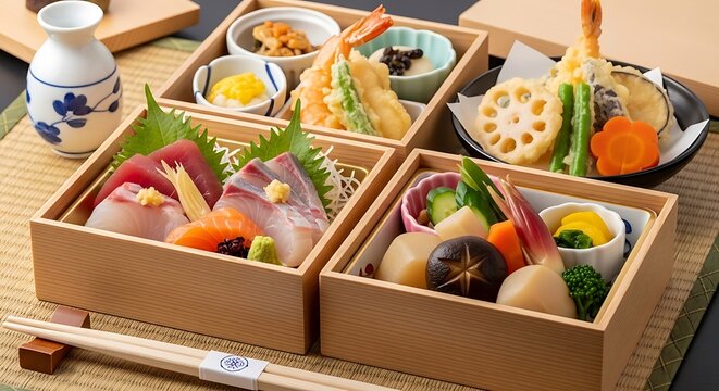 Japanese bento box with assorted food.