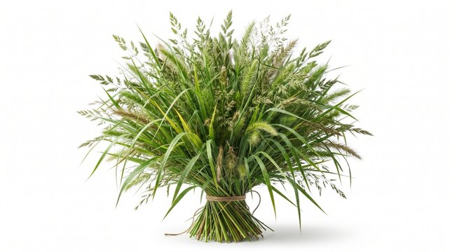 Lush natural grass bouquet with delicate seed heads tied with rustic twine on neutral background with elegantly bound natural twine