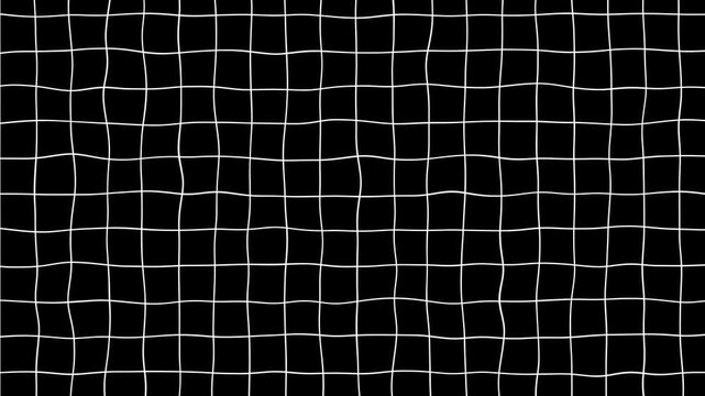 Black background with animated waving white wireframe grid line fit for alpha channel or overlay layer.Abstract black and white wavy grid background animation.Warp animation.