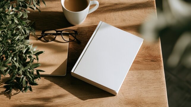 A white book, glasses, coffee, and notepad rest on a wooden table