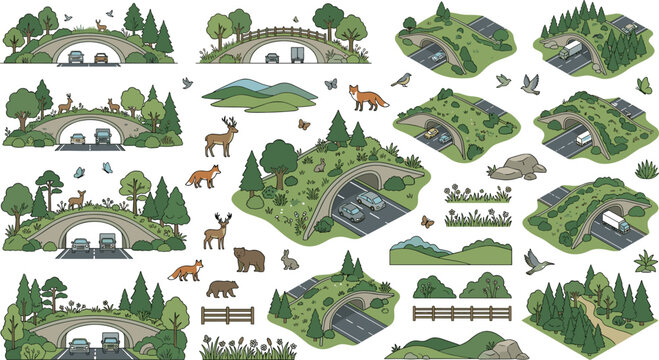 Green infrastructure ecoduct vector illustration set with wildlife crossings highway overpasses forests and animals for environmental sustainability marketing infographics