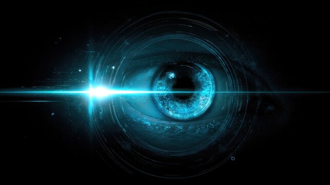 Close-up of a glowing blue eye with a bright light ray crossing it