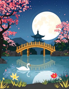 Japanese garden illustration with wooden bridge cherry blossoms and swan under full moon at night.