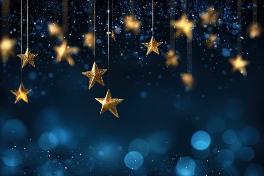 Glittering golden stars dangle against a deep blue, sparkling bokeh background