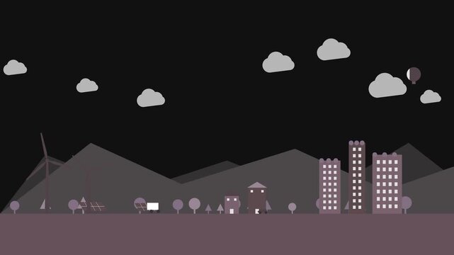 City skyline landscape with wind turbine and moving clouds in flat vector style
