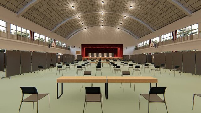 体育館に設置された感染症ワクチン接種会場 3DCGアニメーション背景