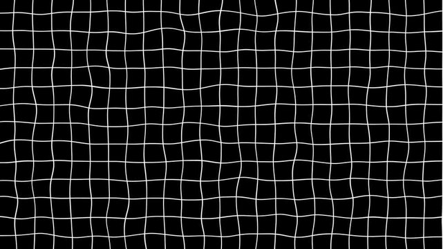 Black background with animated waving white wireframe grid line fit for alpha channel or overlay layer.Abstract black and white wavy grid background animation.Warp animation.