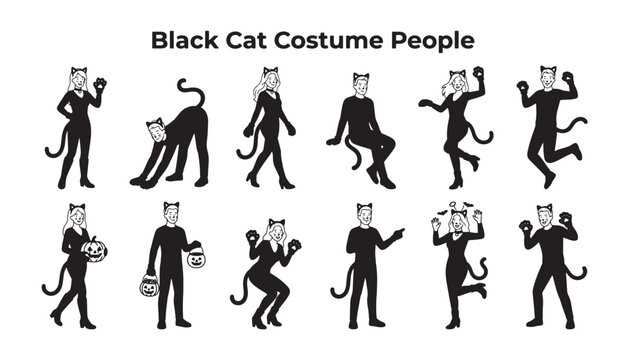 Halloween Black Cat Costume People Set &ndash; Spooky Halloween Character Illustration Collection
